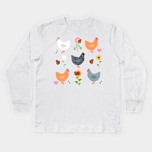 Chickens in the Flower Garden on Pink Kids Long Sleeve T-Shirt